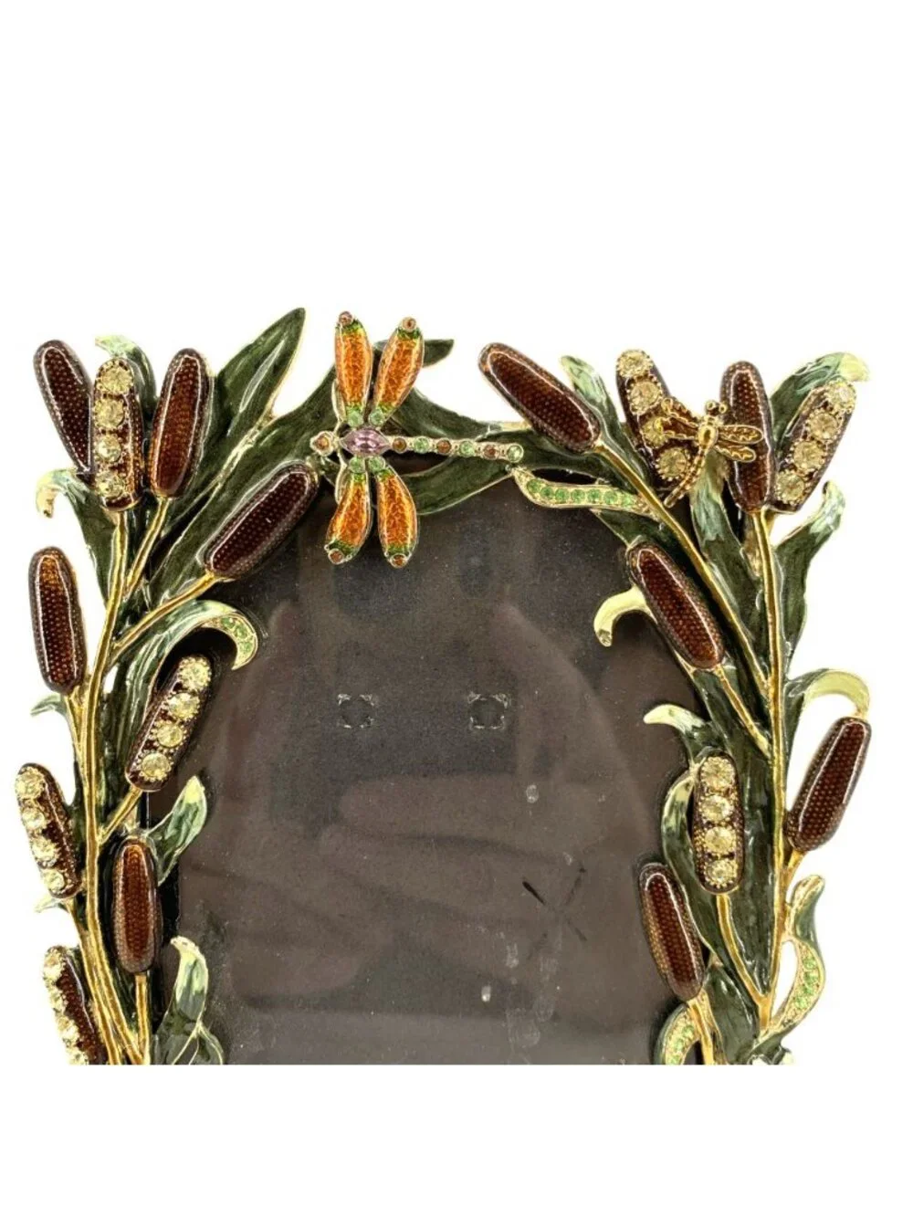 Folio Picture Photo Frame Enamel Crystal Dragonfly Cattail Floral Fauna 4x6”